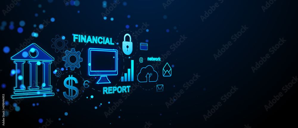 Poster creative financial banking interface on dark wide blue background with mock up place. marketing, fin