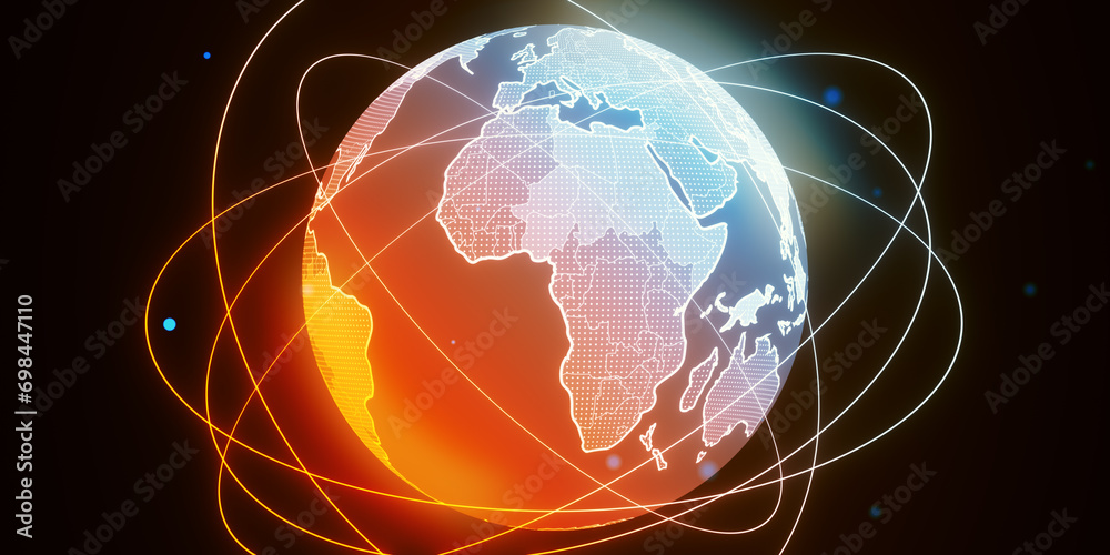 Poster Abstract glowing globe hologram on blurry background. Metaverse, map and global network concept. 3D Rendering.