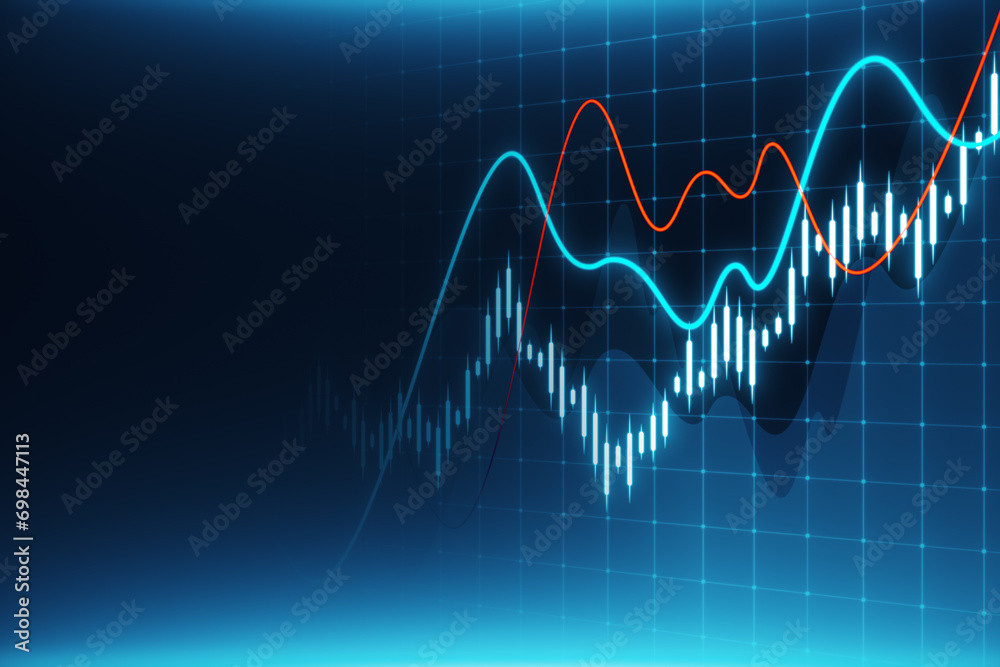 Poster Creative business graph growth on blue grid background with mock up place. Financial success and chart concept. 3D Rendering.