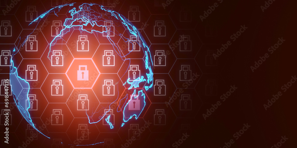 Poster Creative globe with padlock pattern on dark background with mock up place. Global data safety and protection concept. 3D Rendering.