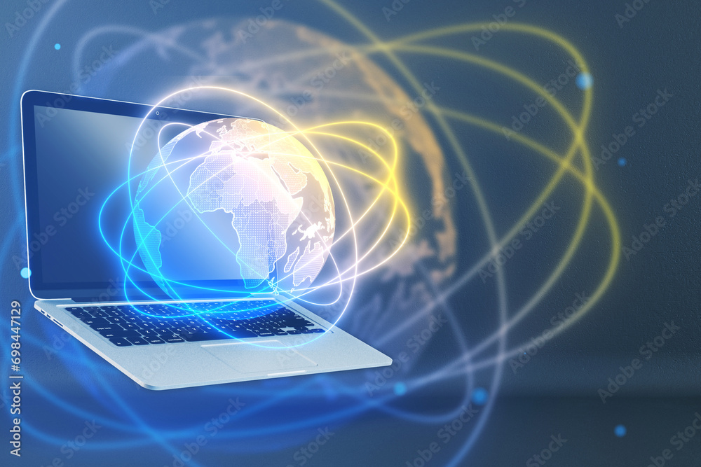 Poster close up of laptop with creative glowing globe hologram on blurry background. metaverse, map and glo