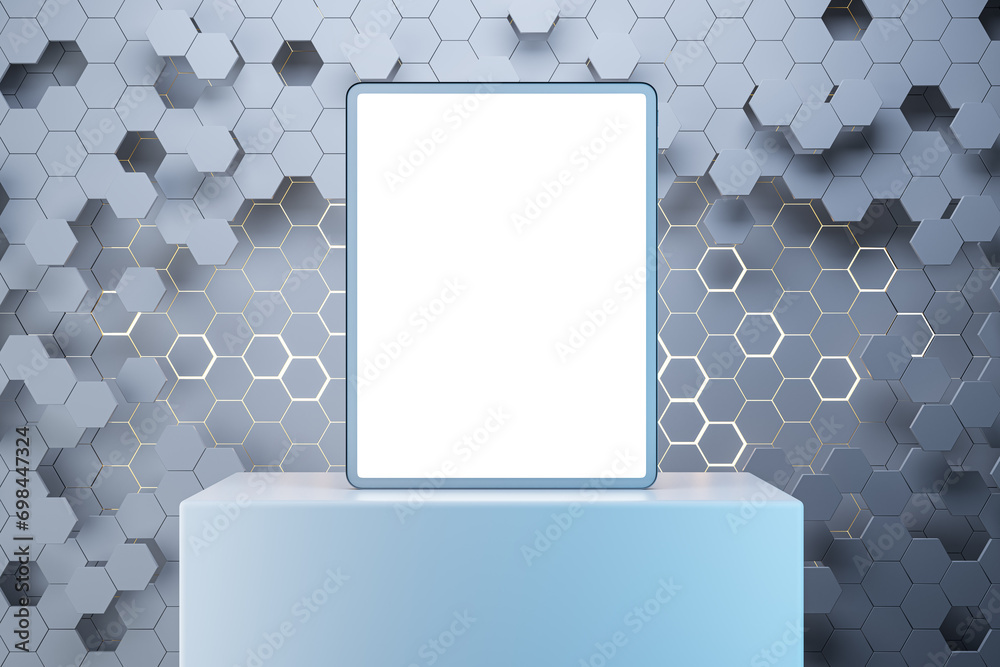 Poster close up of empty white mock up tablet with creative gray hexagonal background. device presentation 