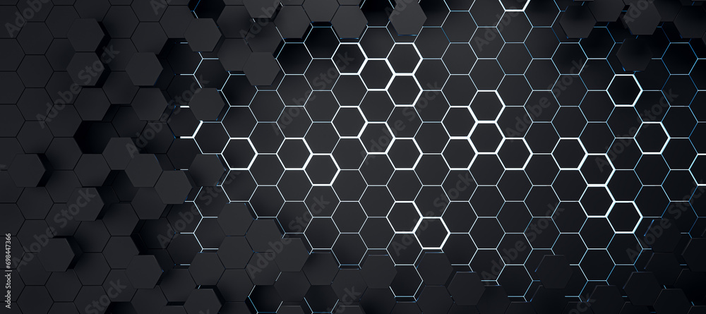 Aufkleber Wide black hexagonal background. Landing page concept. 3D Rendering.