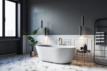 Modern gray and marble bathroom interior with window and various objects. Hotel and accommodation designs. 3D Rendering.