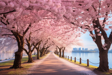 The beauty of cherry blossoms in full bloom in a park