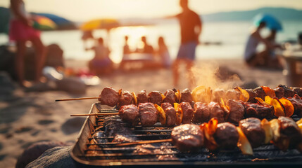 Barbecue party with people in the background, beach party, sea, grilled steak, grilled meat and...