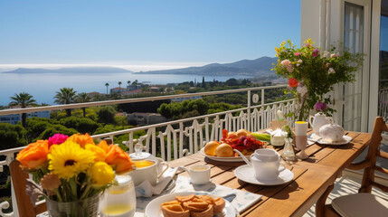 Breakfast on hotel balcony decorated with fresh flowers and croissants overlooking sea view  - obrazy, fototapety, plakaty