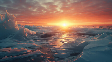 frozen ocean waves at sunrise over melting arctic ice - obrazy, fototapety, plakaty