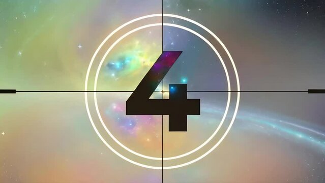 Countdown movie from 9 to 0 number. Bright colorful background with deep space, galaxies and stars. Vintage video timer, retro cinema animation with AI post effects