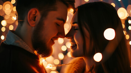 couple in love with heart bokeh background