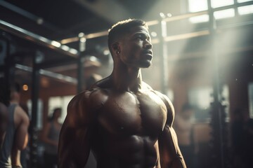 Fototapeta na wymiar Strong Black Man with Six-Pack Abs in Gym Fitness Portrait