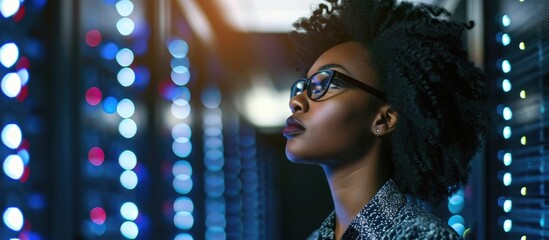 Black woman IT admin diagnosing server performance in secure data storage. - obrazy, fototapety, plakaty