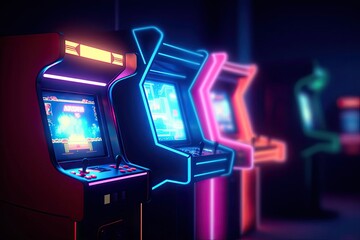Retro neon glowing arcade machines games room 3D render illustration