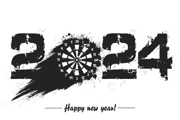 Happy New Year 2024 and dartboard - obrazy, fototapety, plakaty