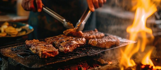 Cook using tongs to grill meat on electric stove.