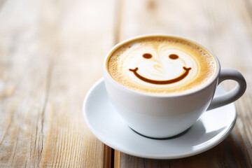 Coffee cup with a smile on a wooden background.