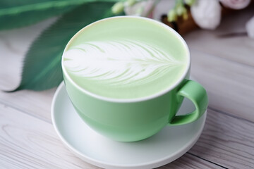 Obraz na płótnie Canvas Close-up of a green coffee cup with a feather latte art design.