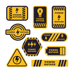 Power outages label set collection, Badge with lightning bolt and bulb, Logo design template, Yellow triangle warning sign with symbol and text by side, Power outage warning banner, Blackout poster.