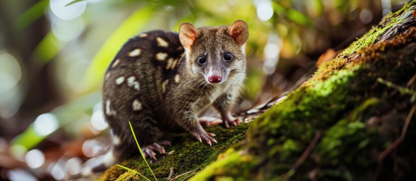 A zoomed-in image of a vulnerable wild tiger quoll or spotted quoll.