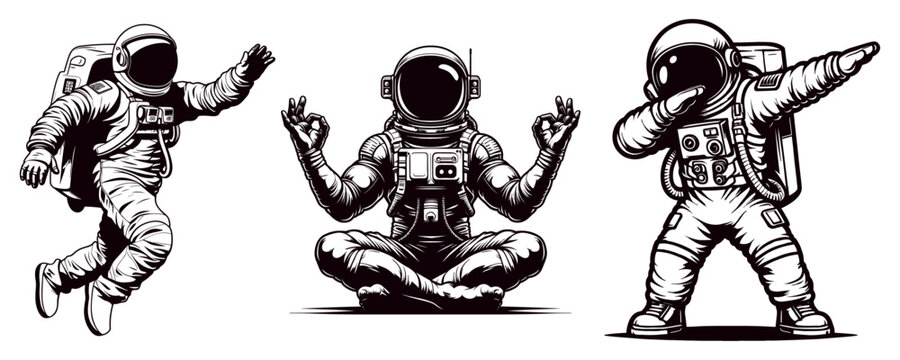 Astronaut graphics set with different activities such as skull astronaut, yoga position astronaut, astronaut dabbing, vector illustration.