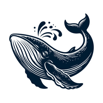 Blue whale, jumping in the ocean humpback whale, wave and sea fish in vintage style, mascot logo design, vector illustration.