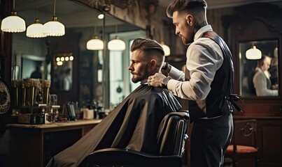 A Stylish Transformation: A Man's Haircut Journey at the Barber Shop - obrazy, fototapety, plakaty