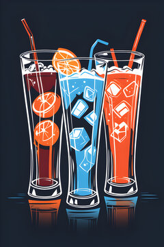 A set of fruit drinks in watercolor style with ice in a glass	