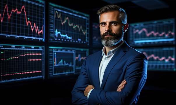 A Dapper Businessman Surrounded By A Multitude Of Screens