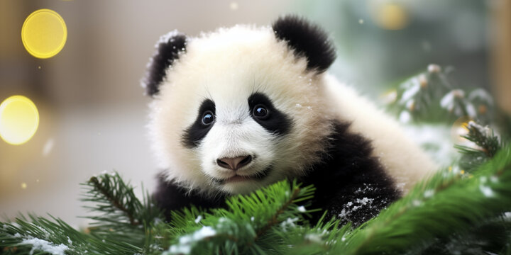 Gro&szlig;er sch&ouml;ner Panda B&auml;r sitzt auf einen Tannenbaum im Winter mit Schnee als Poster im Querformat, ai generativ