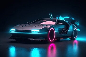 A car neon fog stands dark background, front view Sports car, futuristic autonomous vehicle HUD car