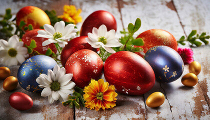 Fototapeta na wymiar colorful easter eggs and colorful flowers on a wooden background