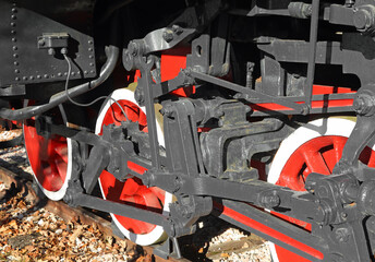 detail of  metallic wheels of the old black one.train steam locomotive