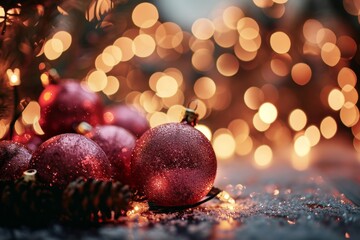 Vibrant holiday banner featuring sparkling pink baubles amidst festive bokeh lights, setting a merry Christmas scene generative ai
