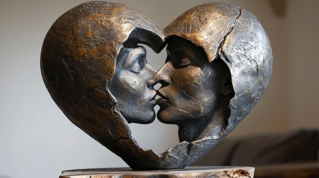  a close up of a statue of a man and a woman's face in the shape of a heart with a broken piece of a piece of a metal.