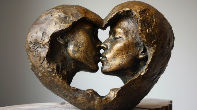  a close up of a statue of two people kissing each other with a heart shaped piece in the middle of the face of the statue in front of the image.
