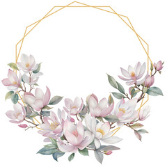Fototapeta premium Watercolor magnolias frame of flowers, leaves and branches. Great for cards and wedding invitations. 