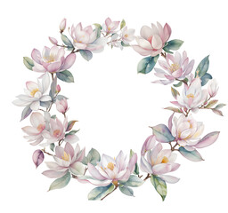 Watercolor magnolias frame of flowers, leaves and branches. Great for cards and wedding invitations.	