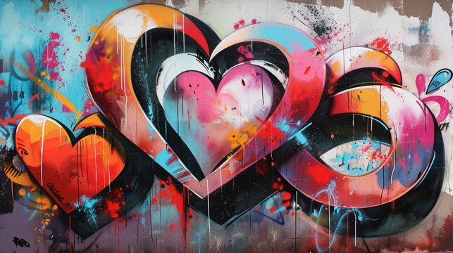 a bunch of graffiti on the side of a wall that has hearts painted on it and the word love written in the middle of the letters in red, blue, yellow, pink, red, orange, blue, and black, and white.