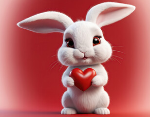 Obraz na płótnie Canvas cartoon white rabbit with a heart in his hands. valentine's day concept