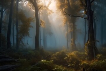 rays light forest, Rainy forest sunshine abstract landscape wallpaper, gloomy Background