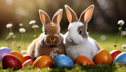 cute two bunnies on the grass and colorful patterned easter eggs around them