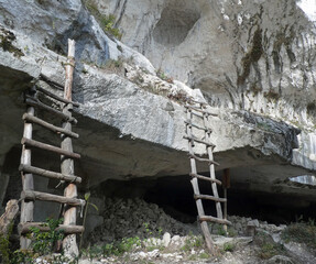 cave dug into the rock used in prehistory by primitive men as shelter and the reproduction of two...