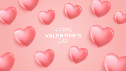 Happy Valentine's Day banner with 3d red colored hearts. Valentines Day holiday festive background. Vector illustration.