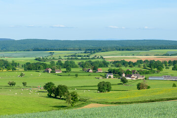 Fototapeta na wymiar A French village in the green countryside in Europe, France, Burgundy, Nievre, Cuncy les Varzy, towards Clamecy, in Spring, on a sunny day.