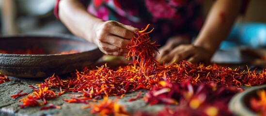 A girl pulls off saffron stamens, the spice is healthy. - obrazy, fototapety, plakaty