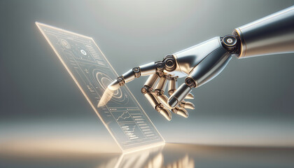 Futuristic robot hand using touch screen for business analytics.