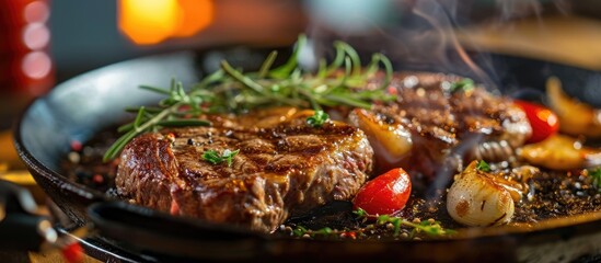 Cook a two-serving steak on a pan with fresh ingredients. - obrazy, fototapety, plakaty