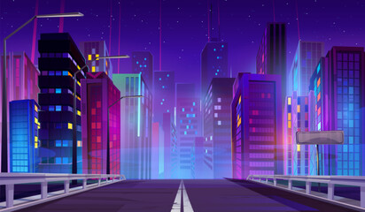 Empty road leads to city with multistorey buildings and neon lights at night. Cartoon vector landscape with asphalt highway into town. Purple bright cityscape with skyscrapers and streetlights. - obrazy, fototapety, plakaty