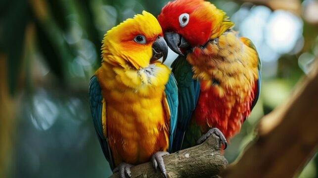  two sun conures perched on a tree branch, their vibrant colors of yellow, orange, red and blue standing out against the blurred background