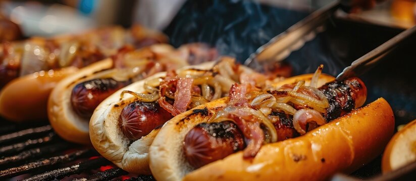 American street vendor selling popular grilled cuisine: bacon-wrapped sausage hot dogs, topped with onions, cooked on an outdoor grill using tongs.
